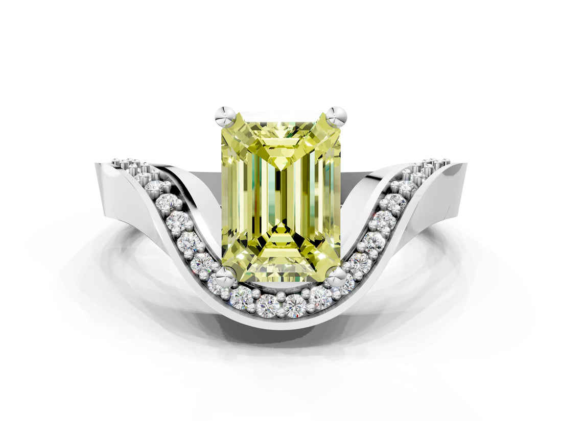 Silver Fancy Yellow Emerald  Solitaire Diamond Engagement Ring with Pave Band and Four-Prong Setting 1