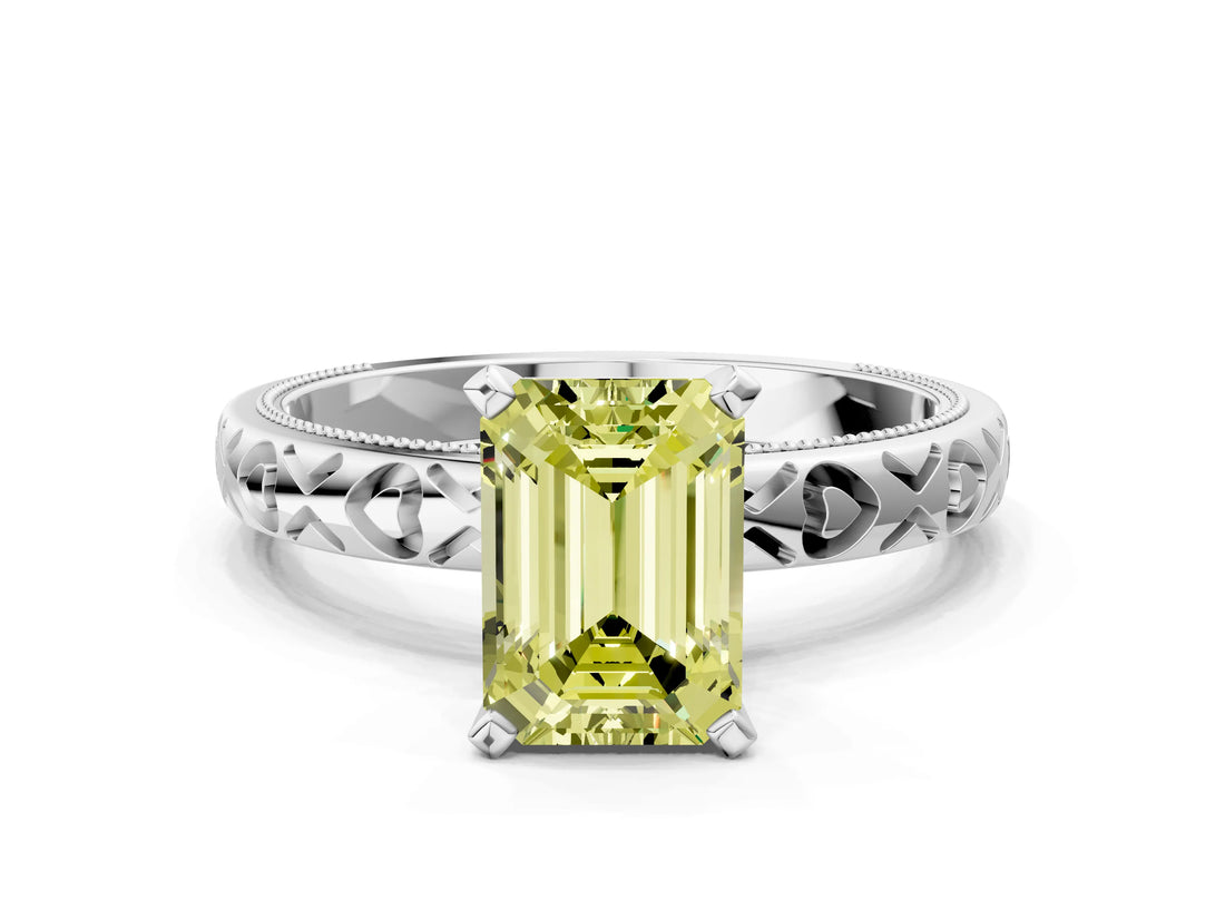 Silver Fancy Yellow Emerald  Solitaire Diamond Engagement Ring with XO Engraved Band and Four-Prong Setting 1