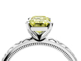 Silver Fancy Yellow Emerald  Solitaire Diamond Engagement Ring with XO Engraved Band and Four-Prong Setting 5