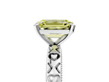 Silver Fancy Yellow Emerald  Solitaire Diamond Engagement Ring with XO Engraved Band and Four-Prong Setting