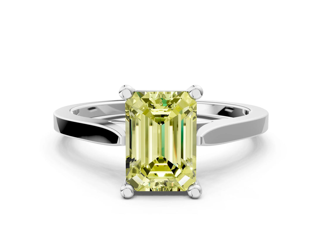 Silver Fancy Yellow Emerald  Solitaire Diamond Ring with Four-Prong Setting and Tapered Band 1