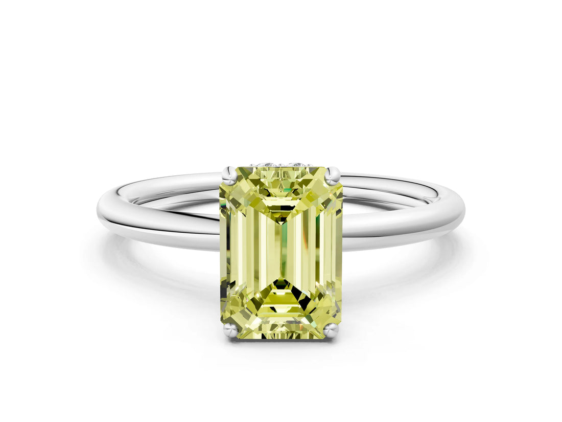 Silver Fancy Yellow Emerald  Solitaire Diamond Ring with a Classic Band and Four-Prong Setting 1
