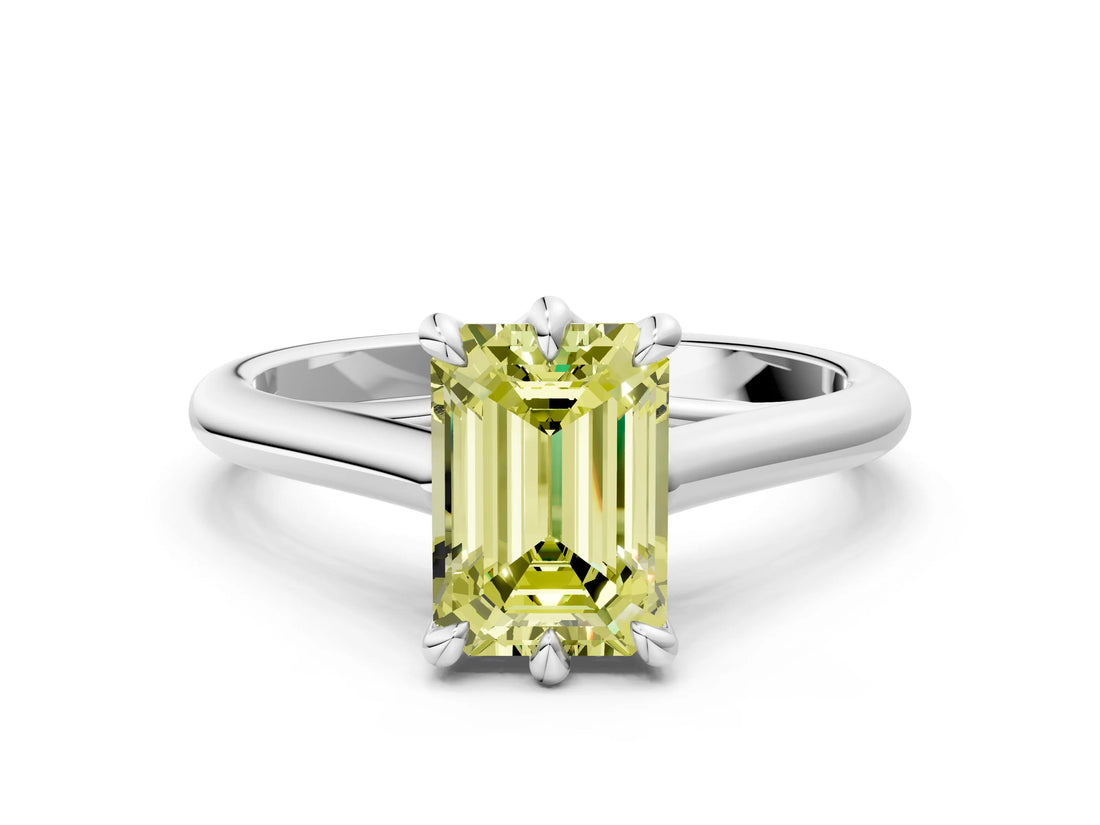 Silver Fancy Yellow Emerald  Solitaire Engagement Ring with Six-Prong Setting and Classic Band 1