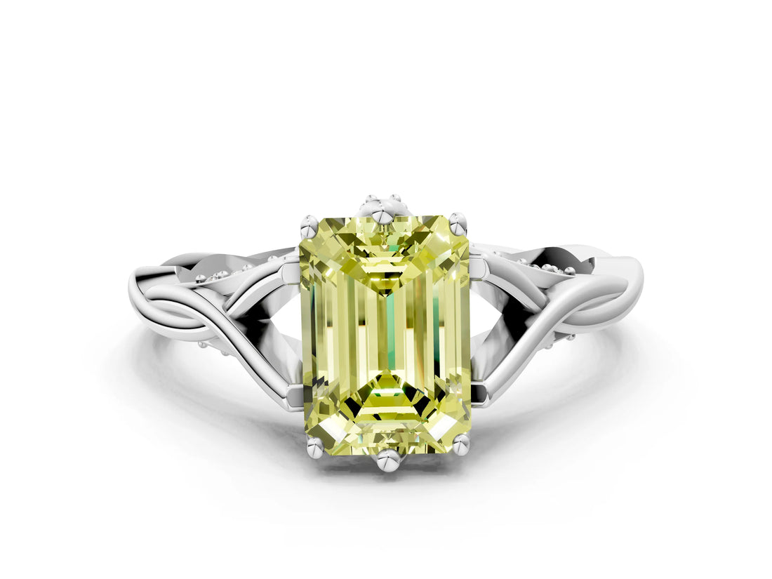 Silver Fancy Yellow Emerald  Solitaire Twist Band Six-Prong Setting
