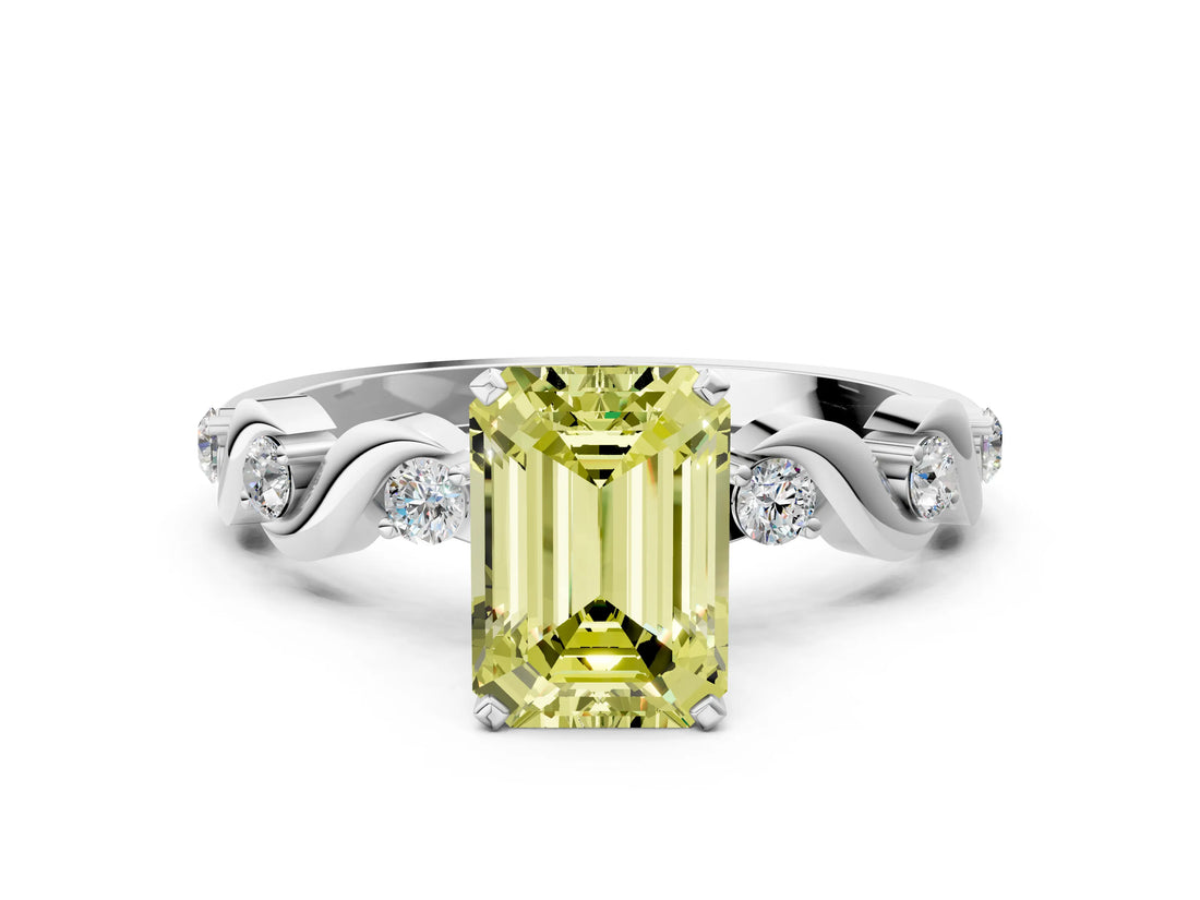 Silver Fancy Yellow Emerald  Solitaire Twisted Band with Prong Setting 1