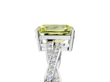 Silver Fancy Yellow Emerald  Solitaire Twisted Pave Diamond Ring with Four-Prong Setting_11