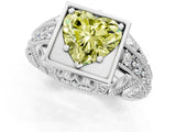 Silver Fancy Yellow Heart Cut Brilliant Milgrain Filigree Diamond Ring with Square Prong Setting_7