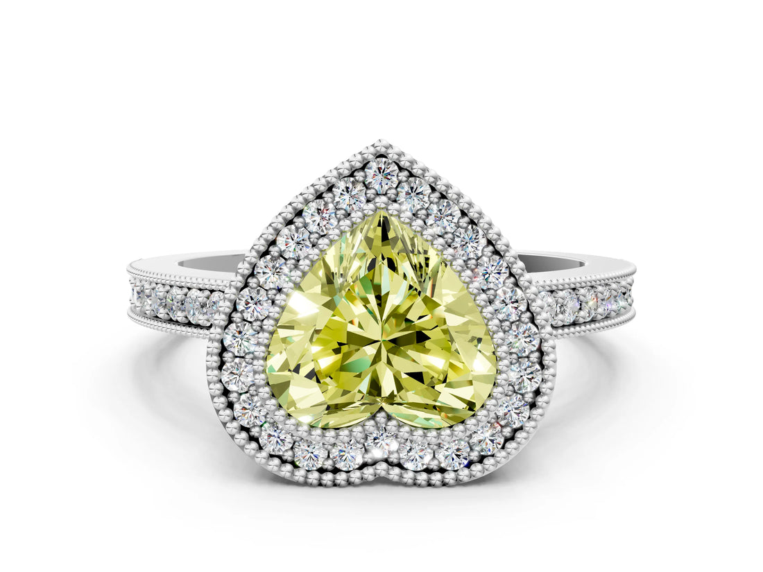 Silver Fancy Yellow Heart Cut-Cut Diamond Halo Engagement Ring with Pave Band and Prong Setting_12