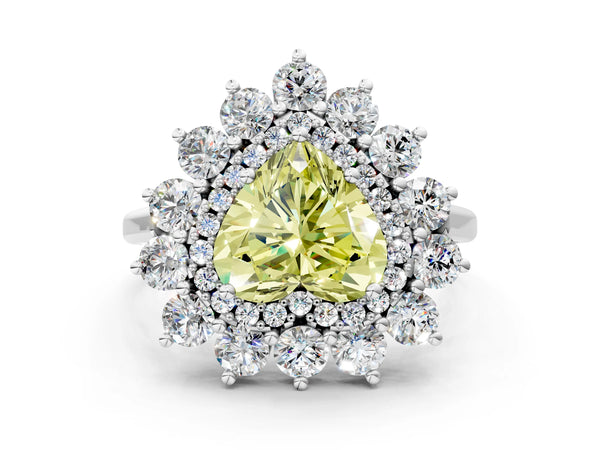 Sterling Silver Heart-Shaped Floral Double Halo Engagement Ring Setting for Fancy Yellow Center
