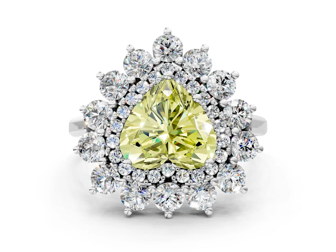 Silver Fancy Yellow Heart Cut Diamond Floral Double Halo Engagement Ring with Prong Setting_30