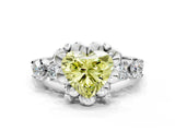 Silver Fancy Yellow Heart  Cut Diamond Floral Halo Engagement Ring with Shared Prong Setting