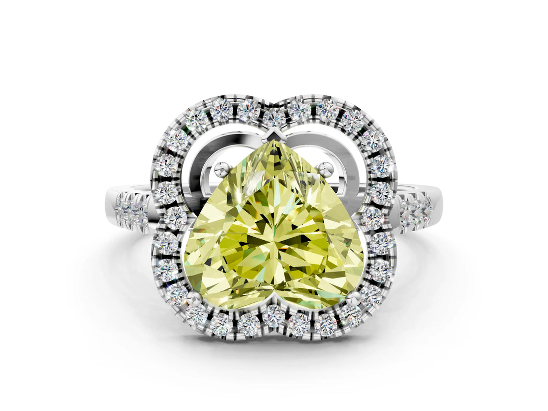 Silver Fancy Yellow Heart Cut Diamond Floral Halo Split Shank Prong Setting Ring_30