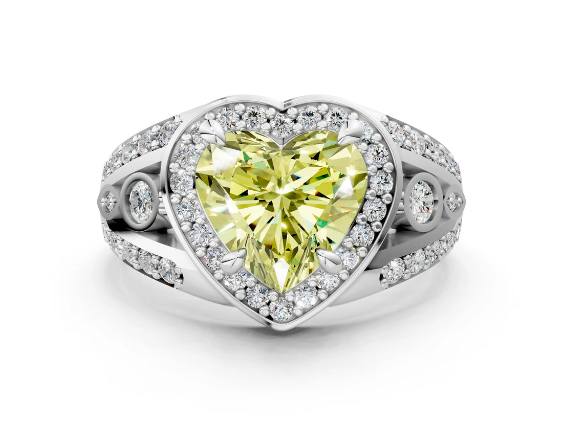 Silver Fancy Yellow Heart Cut Diamond Halo Ring with Split Shank and Bezel Accents and Four-Prong Setting_6