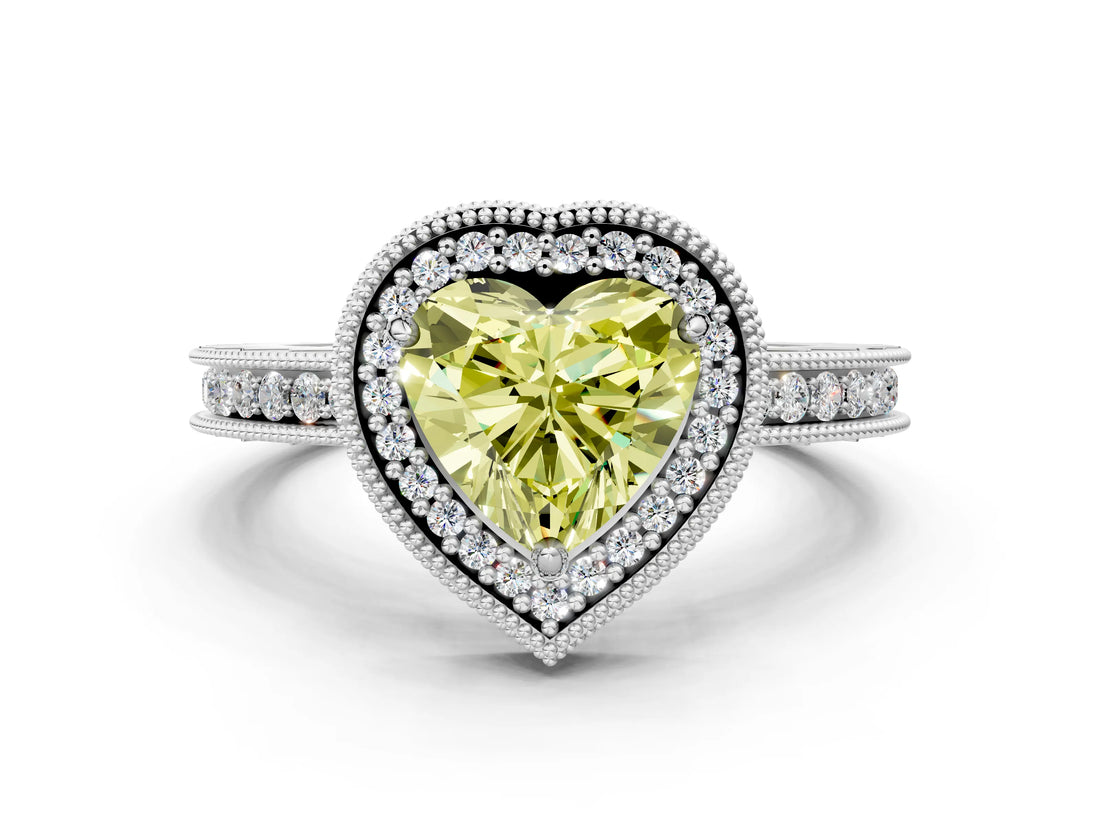 Silver Fancy Yellow Heart Cut Diamond Milgrain Halo Engagement Ring with Round Pavé Band and Prong Setting_24