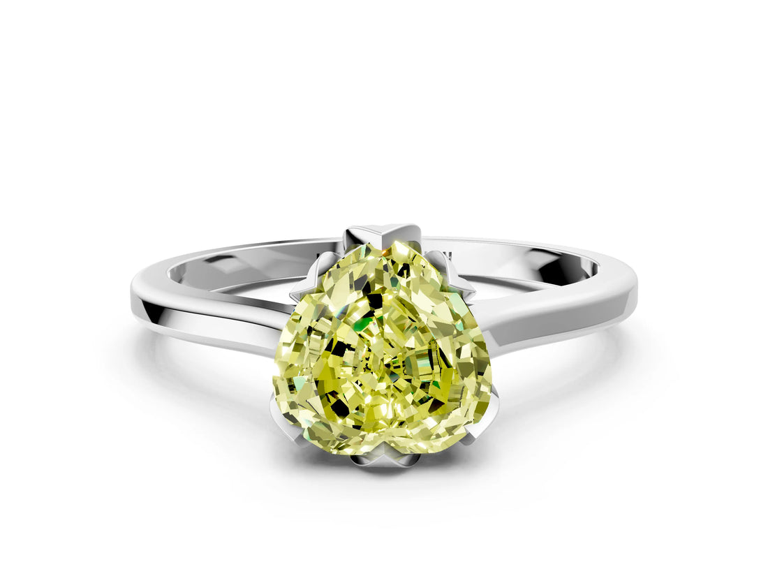 Silver Fancy Yellow Heart Cut Diamond Solitaire Ring with Flower Prong Setting and Classic Band_12