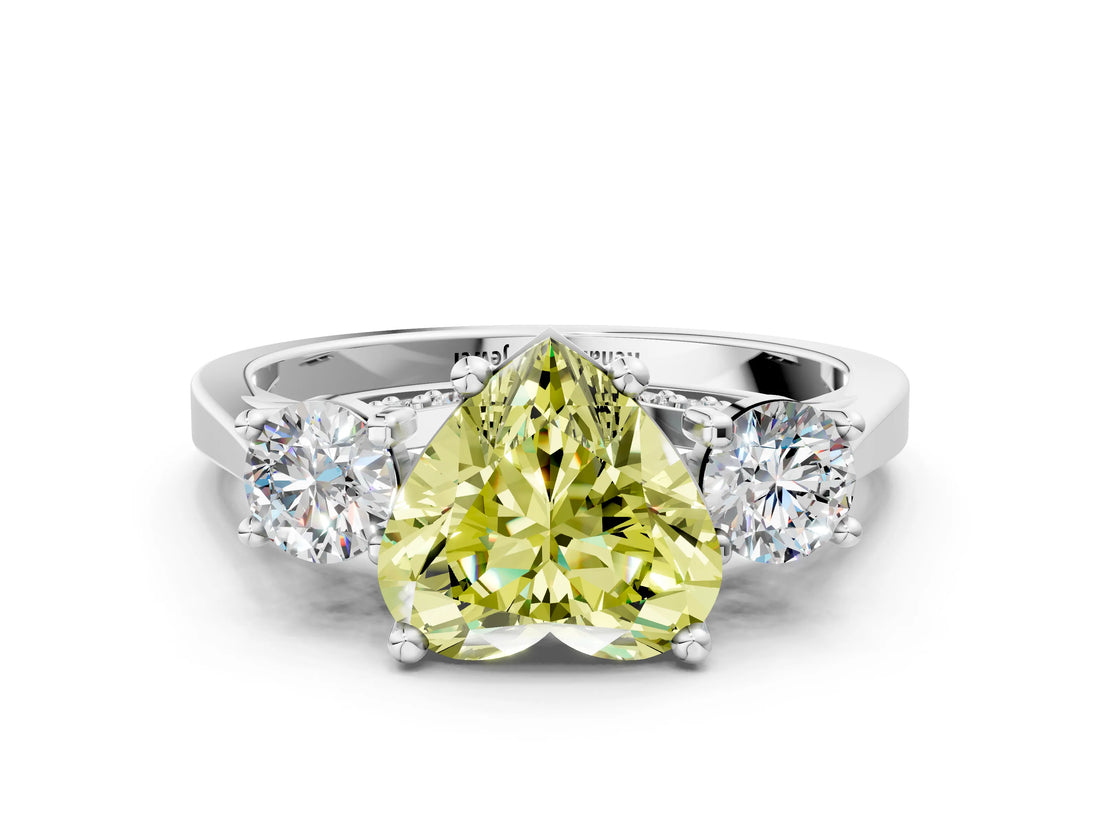 Silver Fancy Yellow Heart Cut Diamond Three-Stone Engagement Ring with Prong Setting and Pavé Band_6