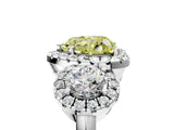 Silver Fancy Yellow Heart Cut Diamond Three-Stone Halo Ring with Prong Setting and Pavé Accents_11