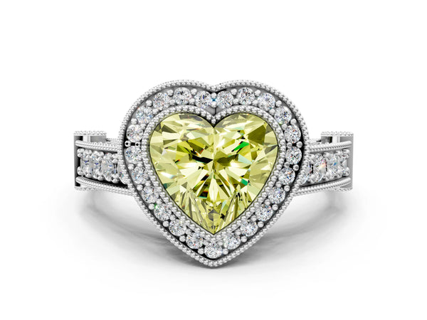 Sterling Silver Heart-Shaped Vintage Bezel Halo Engagement Ring Setting for Fancy Yellow Center