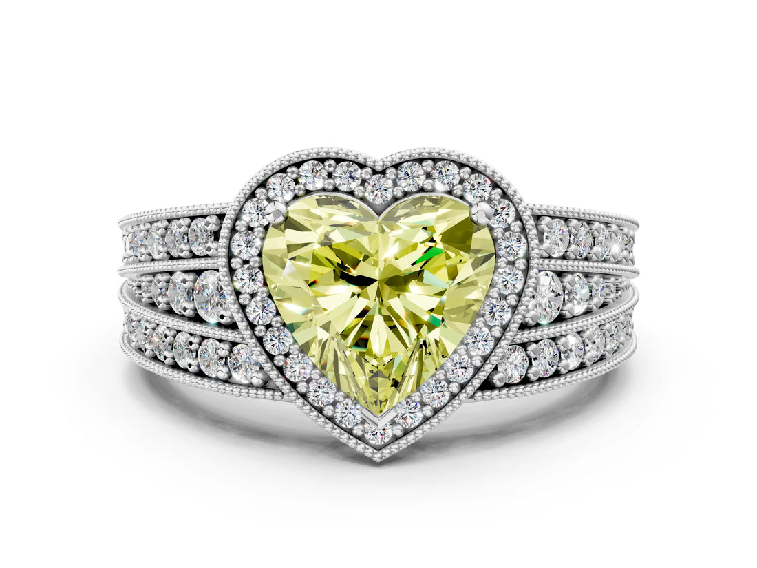 Silver Fancy Yellow Heart Cut Halo Diamond Split Shank Ring with Prong Setting_30
