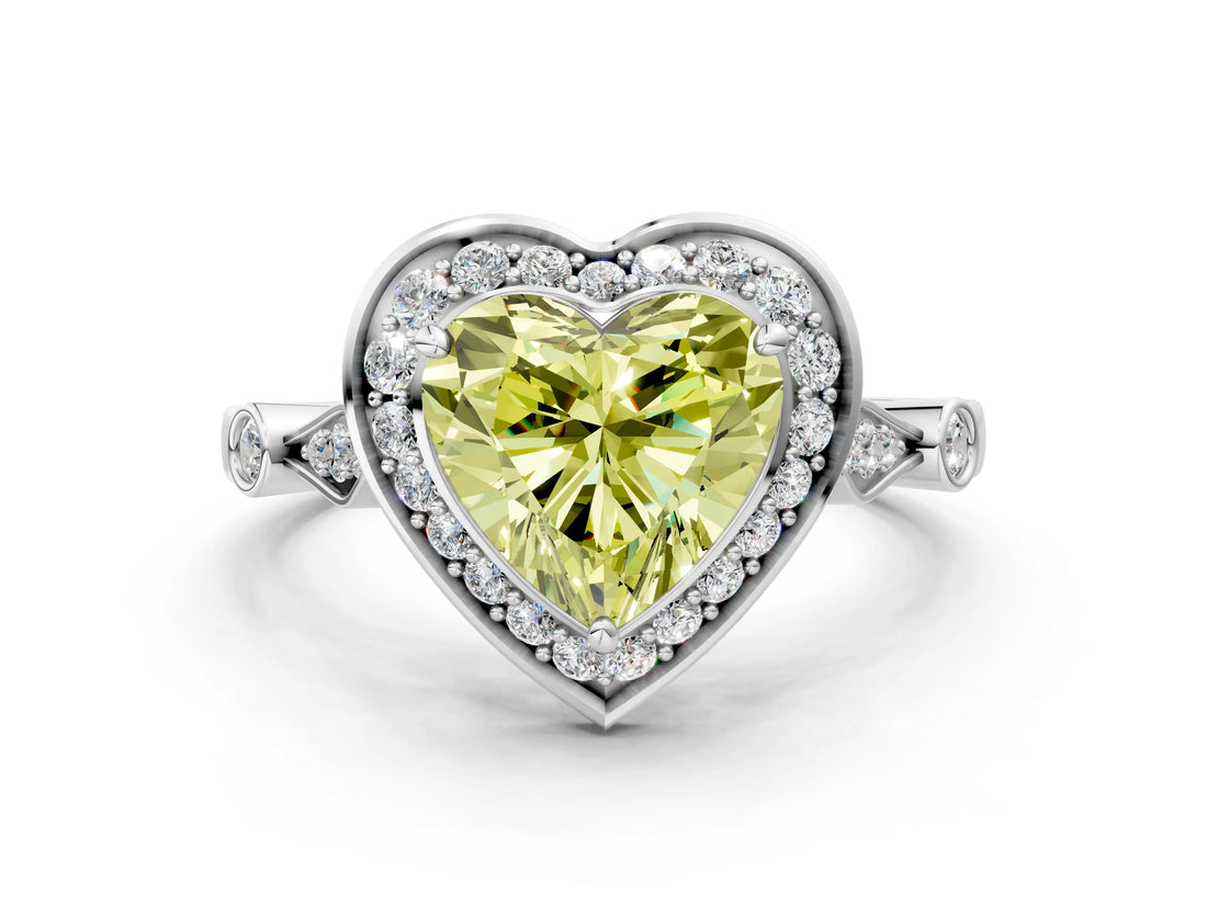 Silver Fancy Yellow Heart  Halo Diamond Engagement Ring with Twisted Band and Four-Prong Setting 1