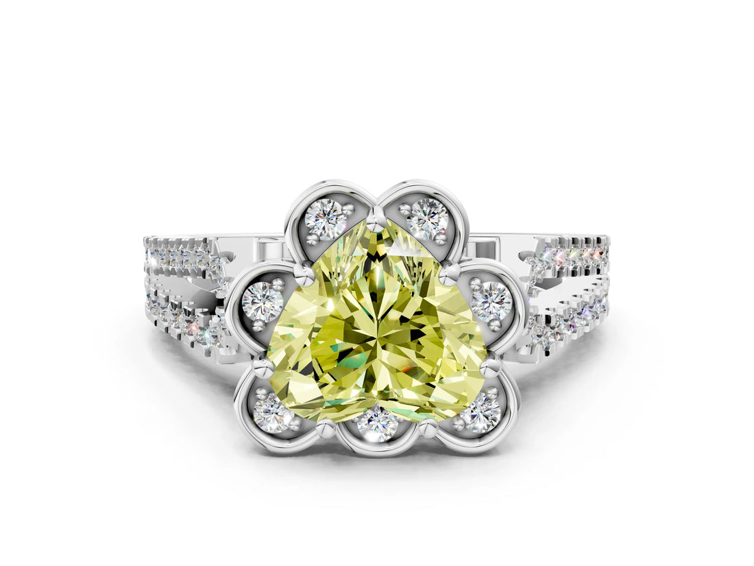 Silver Fancy Yellow Heart  Halo Diamond Floral Split Shank Engagement Ring 1