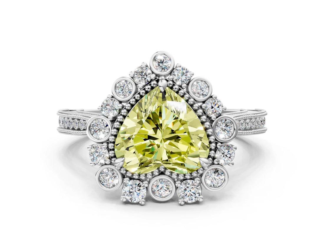 Silver Fancy Yellow Heart  Halo Milgrain Pave Diamond Ring with Four-Prong Setting 1