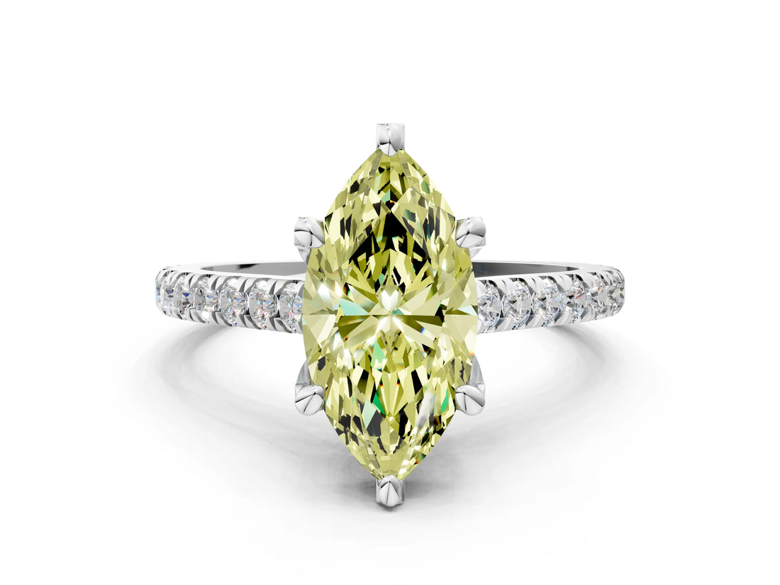 Silver Fancy Yellow Marquise  Brilliant Diamond Solitaire with Pavé Band and Four-Prong Setting 1
