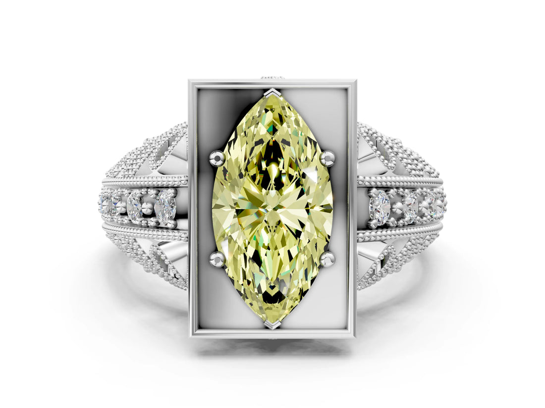 Silver Fancy Yellow Marquise Cut Brilliant Milgrain Filigree Diamond Ring with Square Prong Setting_12