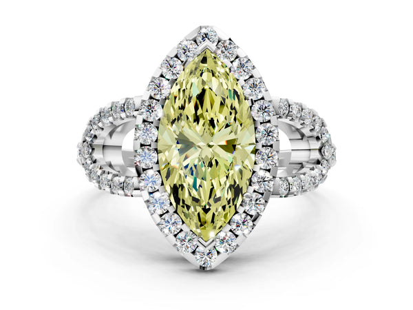 Sterling Silver Marquise Split Shank Pave Halo Engagement Ring Setting for Fancy Yellow Center