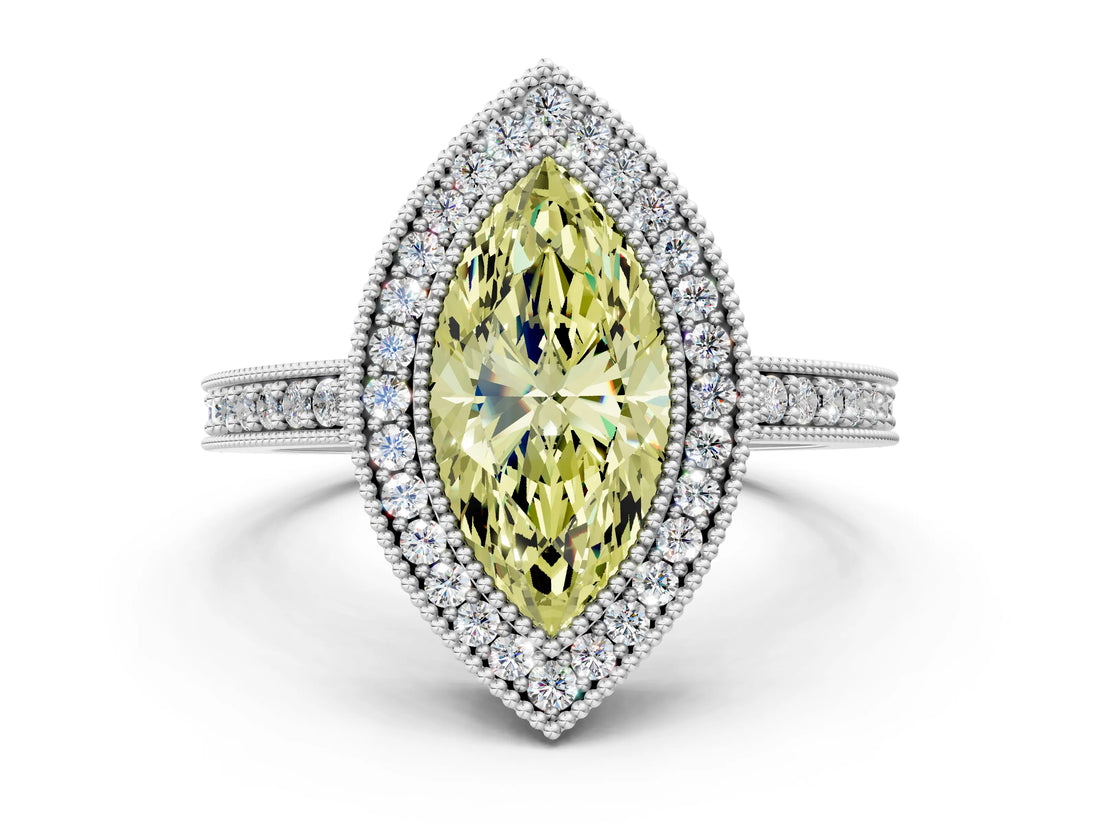 Silver Fancy Yellow Marquise Cut-Cut Diamond Halo Engagement Ring with Pave Band and Prong Setting_6
