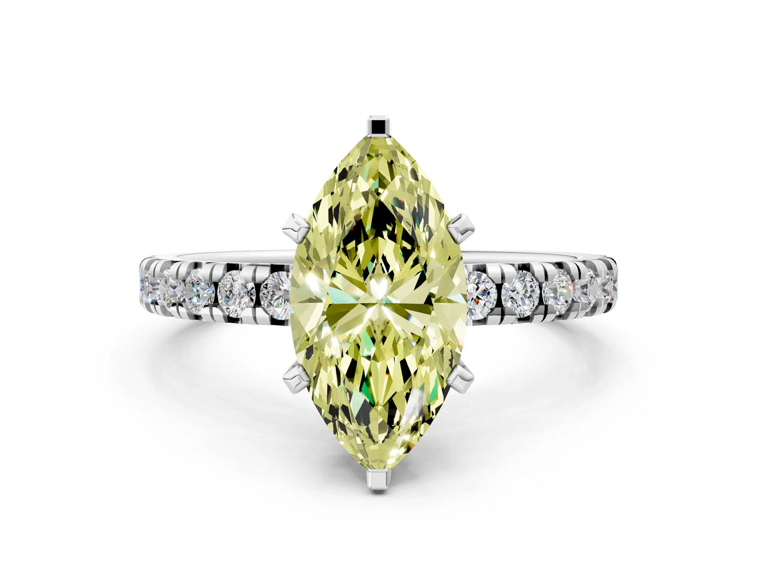 Silver Fancy Yellow Marquise Cut Diamond Solitaire Pavé Engagement Ring with Round Band and Prong Setting