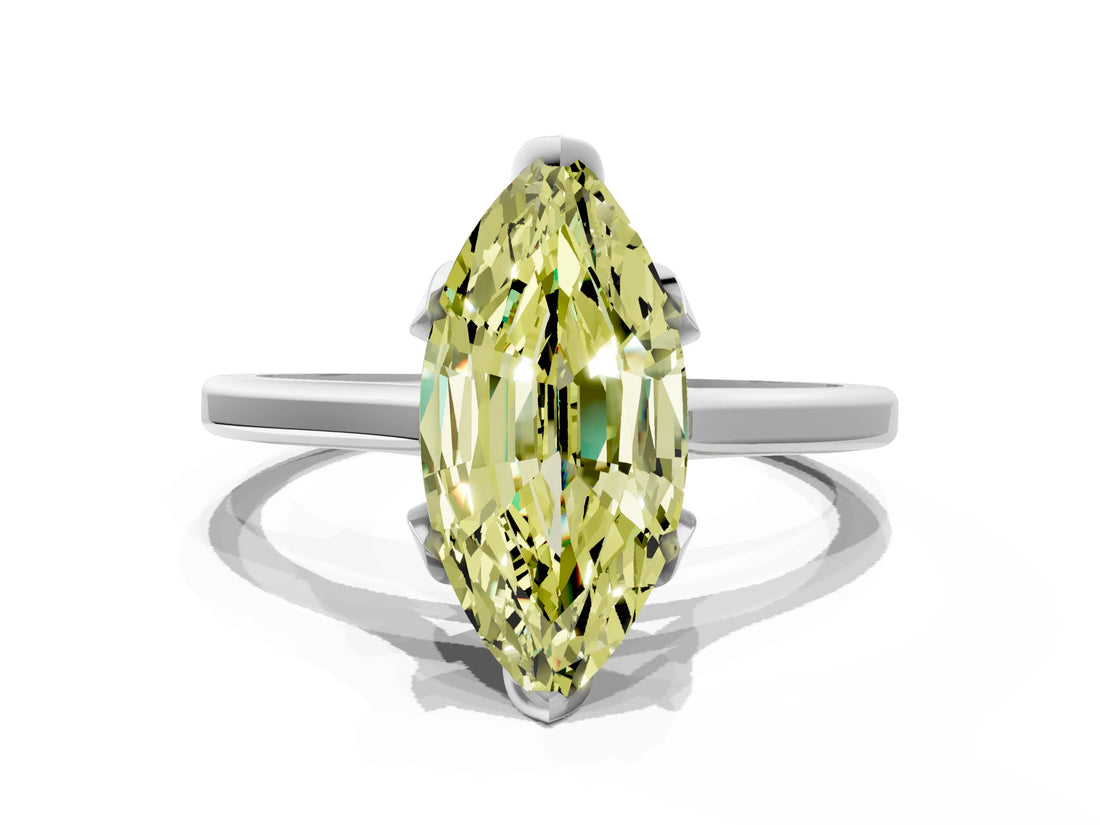 Silver Fancy Yellow Marquise Cut Diamond Solitaire Ring with Flower Prong Setting and Classic Band_12