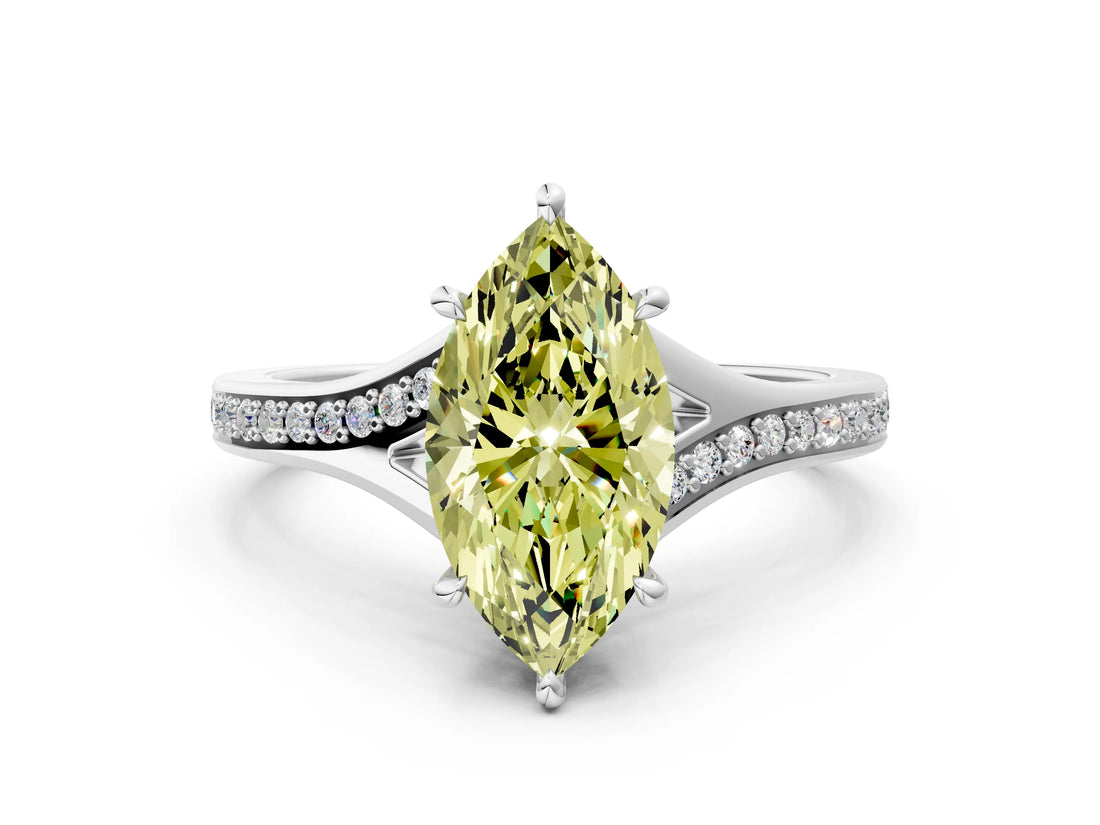 Silver Fancy Yellow Marquise Cut Diamond Solitaire Ring with Pavé Band and Prong Setting_12