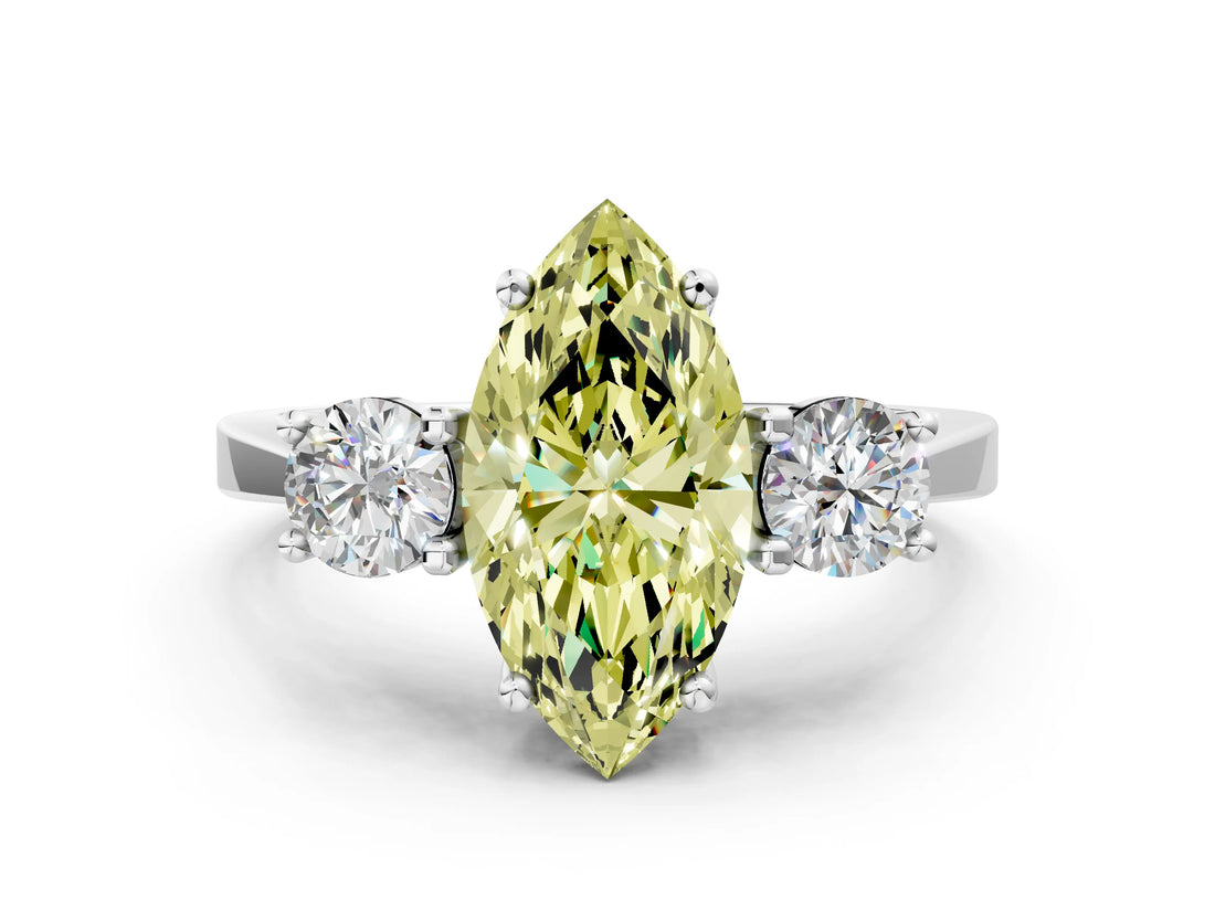 Silver Fancy Yellow Marquise Cut Diamond Three-Stone Engagement Ring with Prong Setting and Pavé Band_6