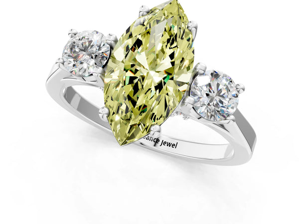 Silver Fancy Yellow Marquise Cut Diamond Three-Stone Engagement Ring with Prong Setting and Pavé Band