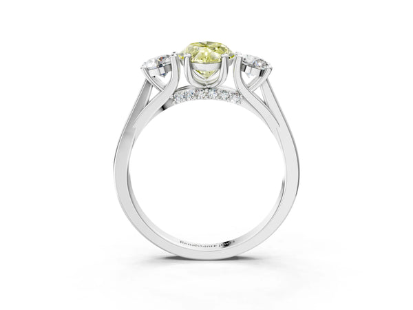 Silver Fancy Yellow Marquise Cut Diamond Three-Stone Engagement Ring with Prong Setting and Pavé Band