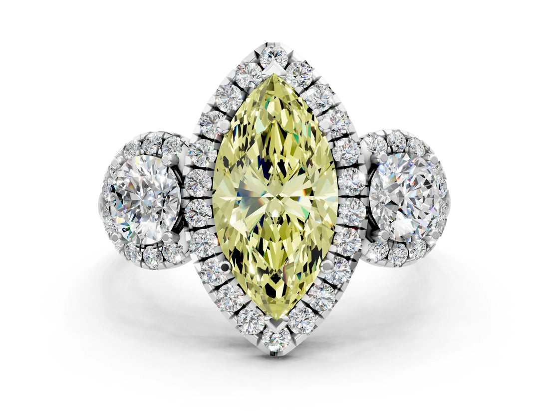 Silver Fancy Yellow Marquise Cut Diamond Three-Stone Halo Ring with Prong Setting and Pavé Accents_6