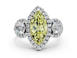 Silver Fancy Yellow Marquise Cut Diamond Three-Stone Halo Ring with Prong Setting and Pavé Accents_6