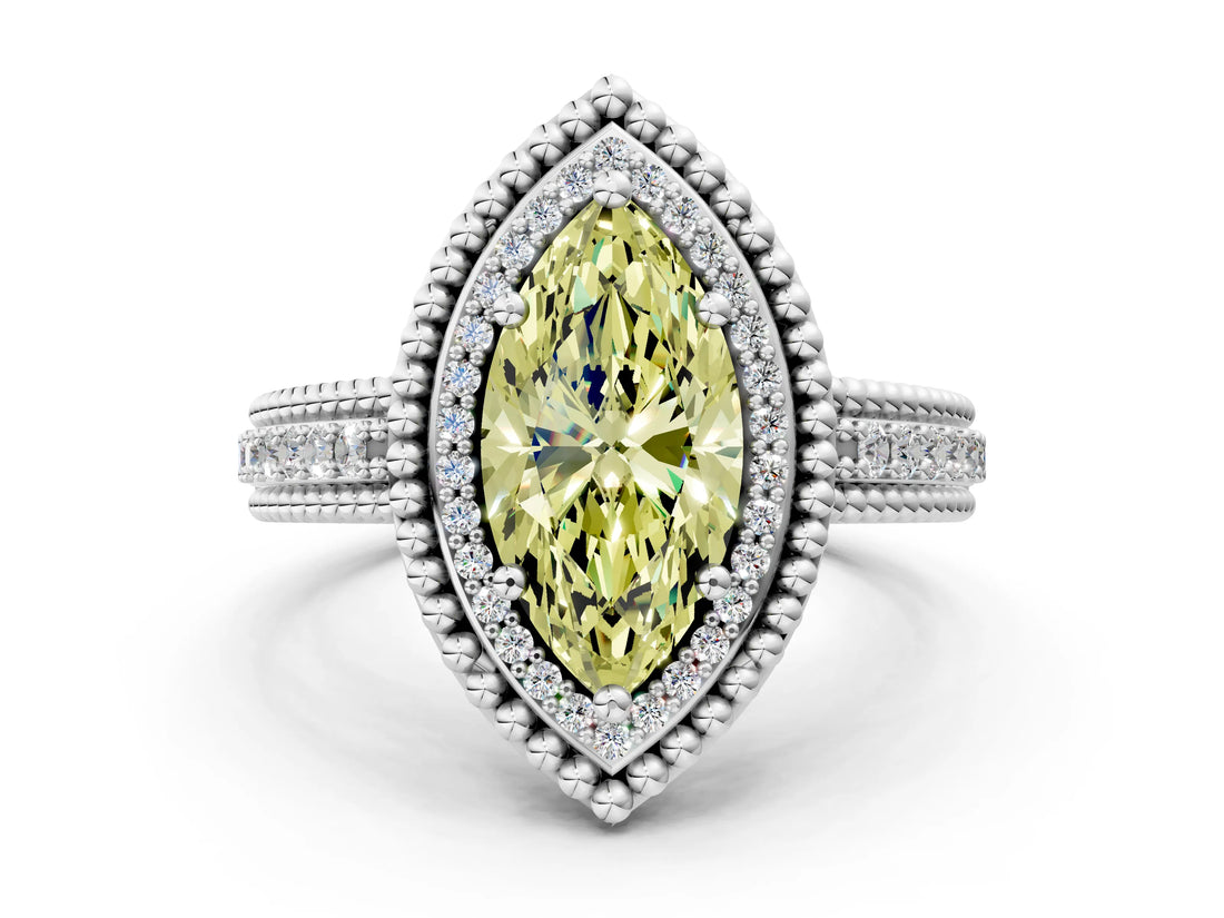 Silver Fancy Yellow Marquise Cut Halo Diamond Ring with Beaded Split Shank and Four-Prong Setting_6