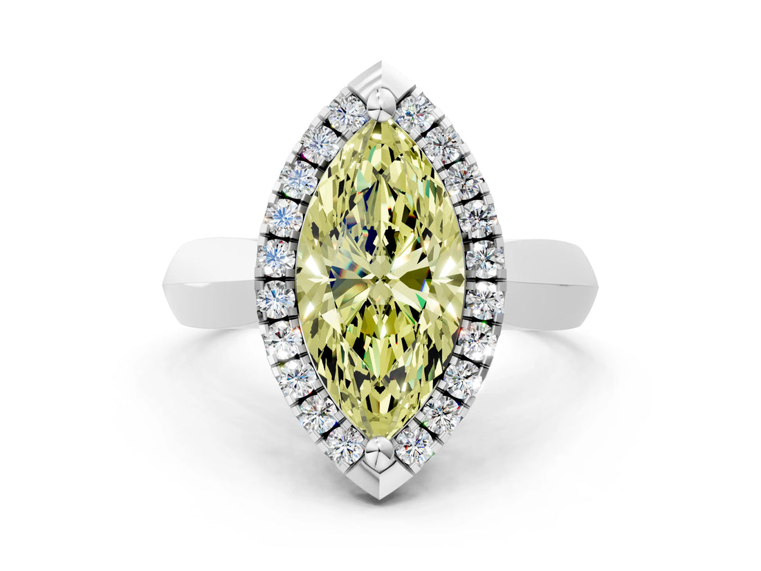 Silver Fancy Yellow Marquise  Cut Halo Solitaire Engagement Ring with Square Band and Four-Prong Setting_24
