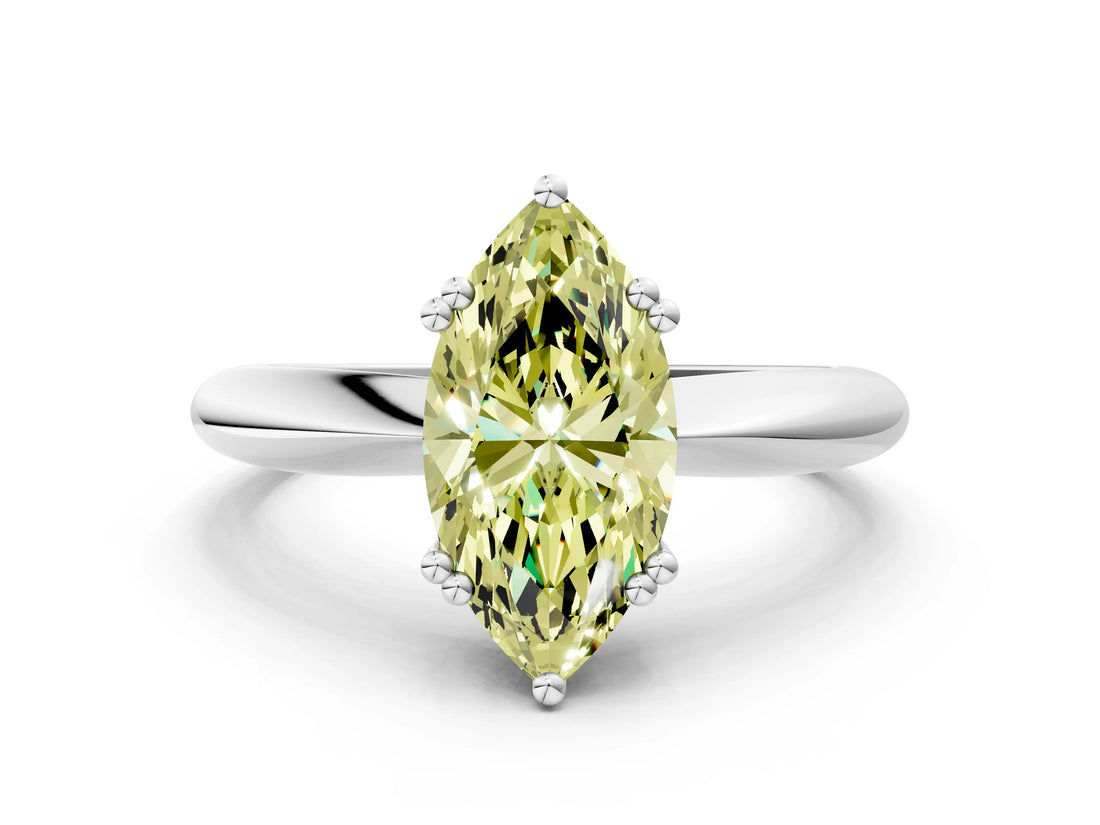 Silver Fancy Yellow Marquise  Cut Solitaire Engagement Ring with Tapered Band and Four-Prong Setting