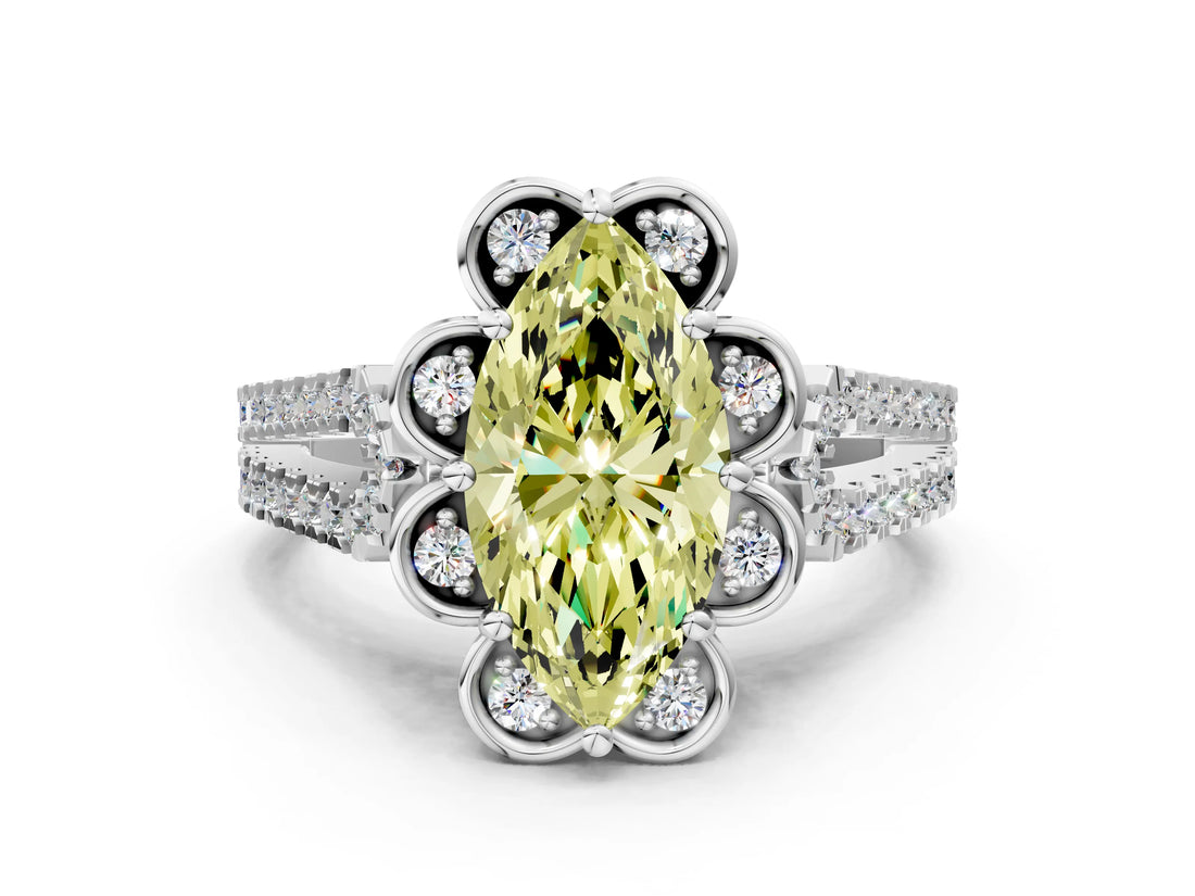 Silver Fancy Yellow Marquise  Halo Diamond Floral Split Shank Engagement Ring 1
