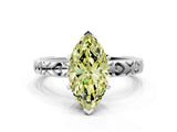 Silver Fancy Yellow Marquise  Solitaire Diamond Engagement Ring with XO Engraved Band and Four-Prong Setting