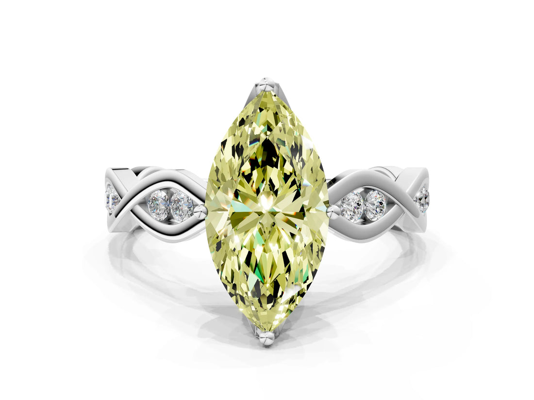 Silver Fancy Yellow Marquise  Solitaire Twist Band with Leaf Prong Setting 1