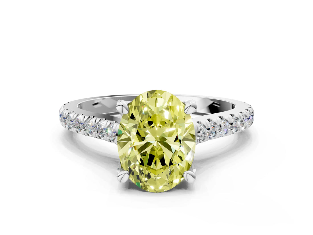 Silver Fancy Yellow Oval  Brilliant Diamond Solitaire with Pavé Band and Four-Prong Setting 1