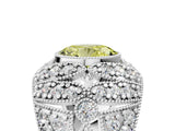 Silver Fancy Yellow Oval Cut Brilliant Halo Pave Diamond Milgrain Ring_11