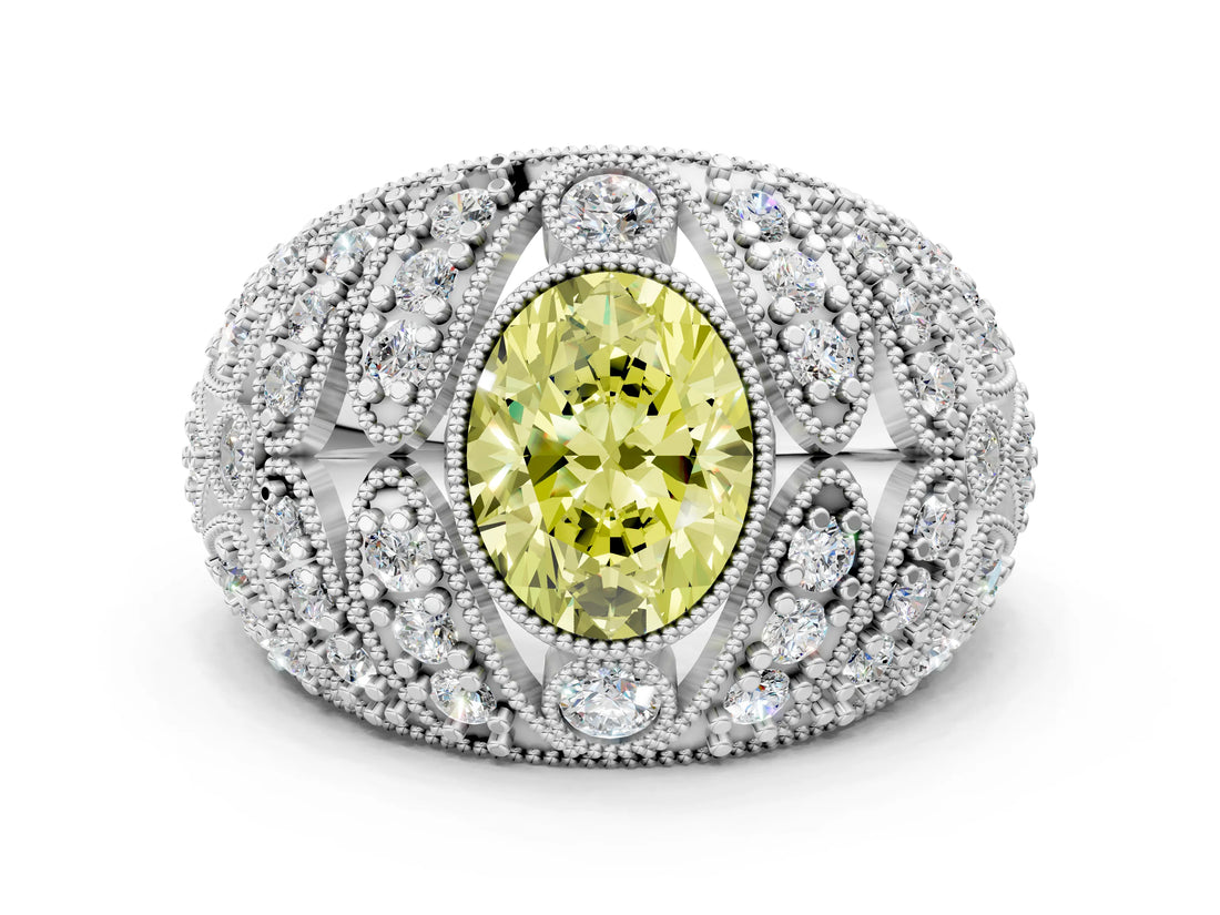 Silver Fancy Yellow Oval Cut Brilliant Halo Pave Diamond Milgrain Ring_6