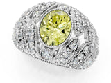 Silver Fancy Yellow Oval Cut Brilliant Halo Pave Diamond Milgrain Ring_7