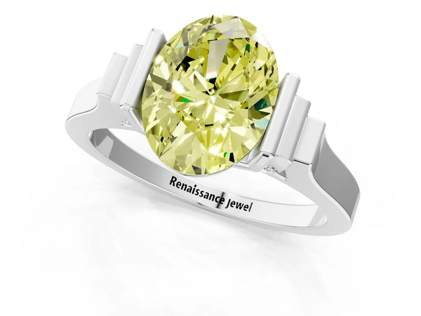Silver Fancy Yellow Oval Cut Brilliant Solitaire Diamond Ring with Channel Set Band and Bar Prong Setting