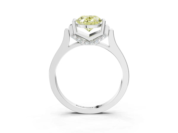 Silver Fancy Yellow Oval Cut Brilliant Solitaire Diamond Ring with Channel Set Band and Bar Prong Setting